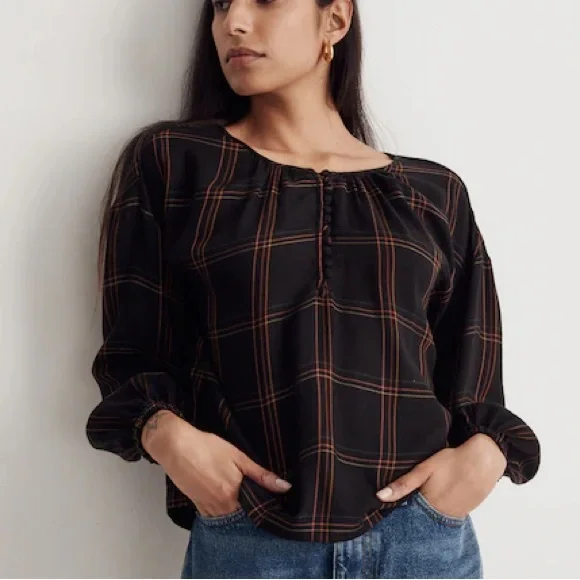 Madewell Shirred Peasant Long Sleeve Half Button Top in Windowpane - True Black - Picture 6 of 9